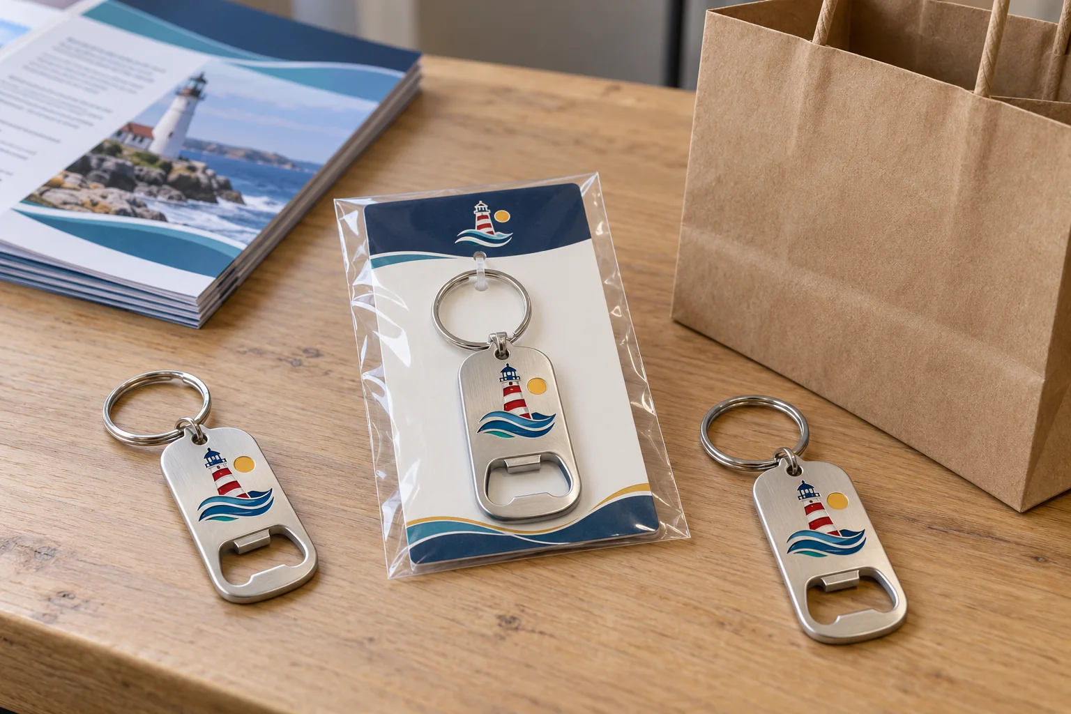 Custom metal bottle opener keychains beside backing cards and an event gift bag