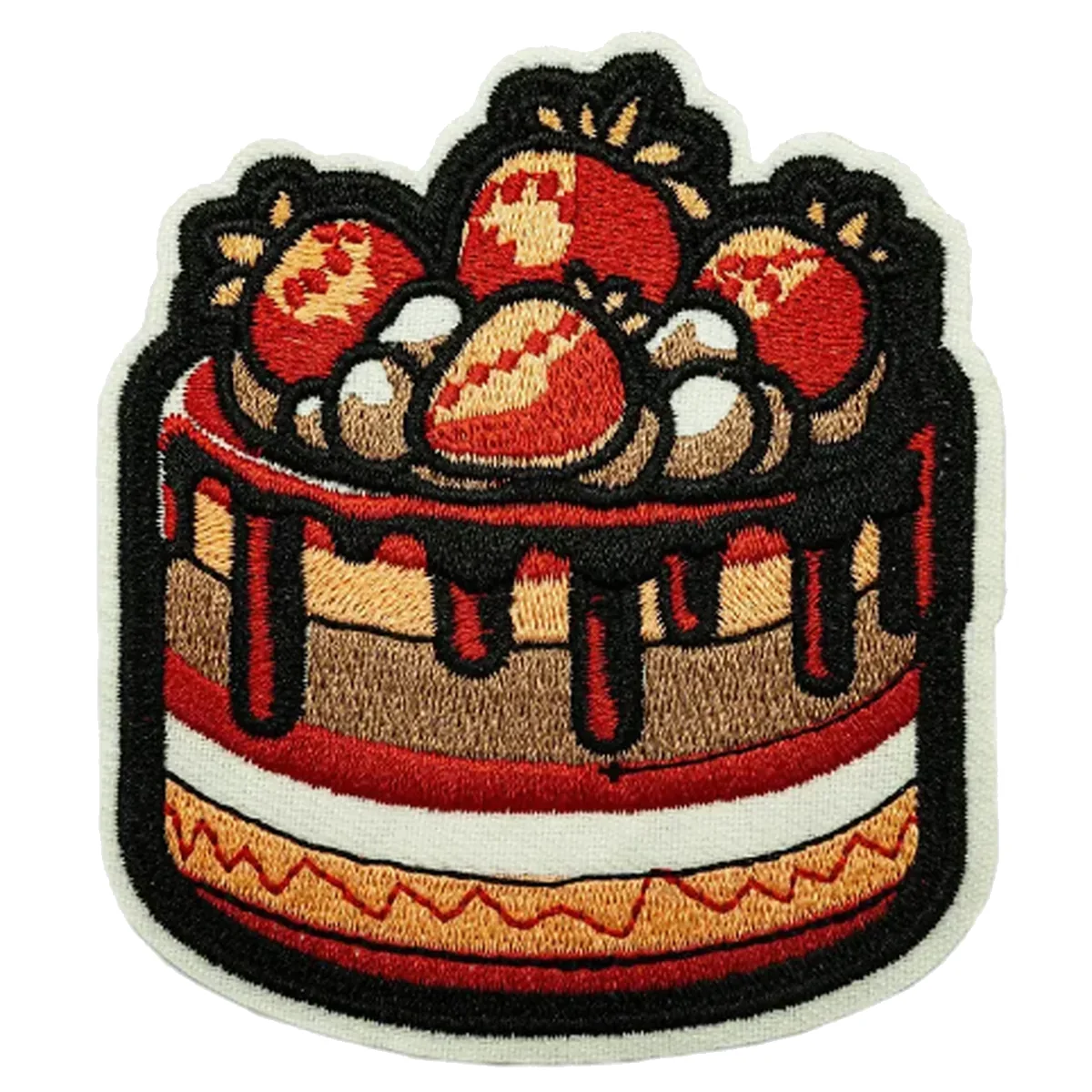 Custom celebration cake embroidered patch Embroidered patch showing a decorated red black and gold celebration cake