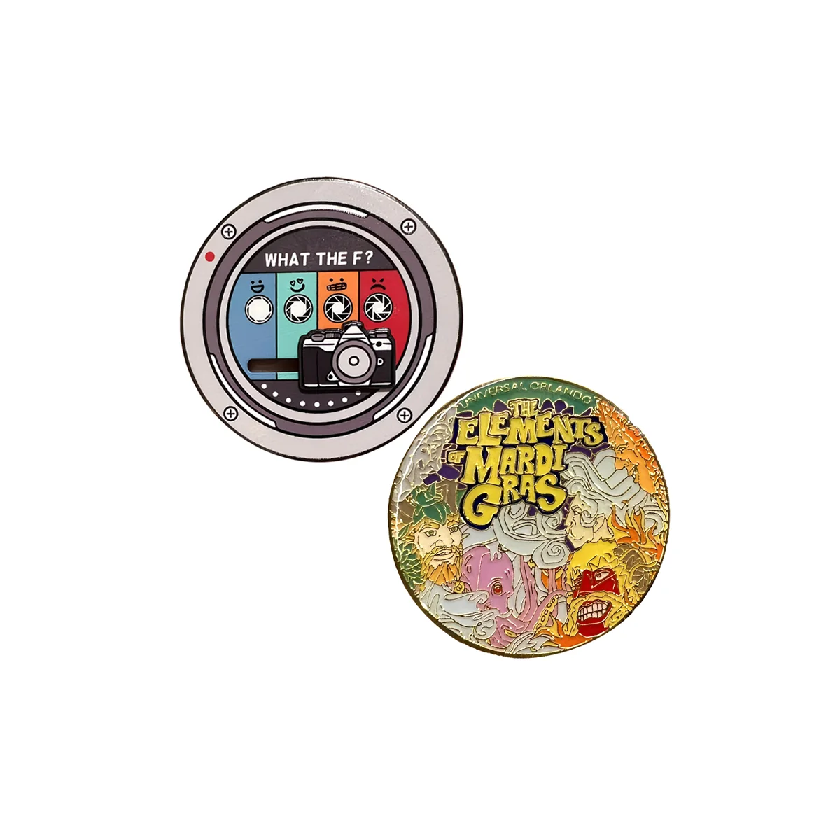 Custom camera and Mardi Gras round metal fridge magnet set Two round metal fridge magnets featuring a camera graphic and colorful Mardi Gras artwork