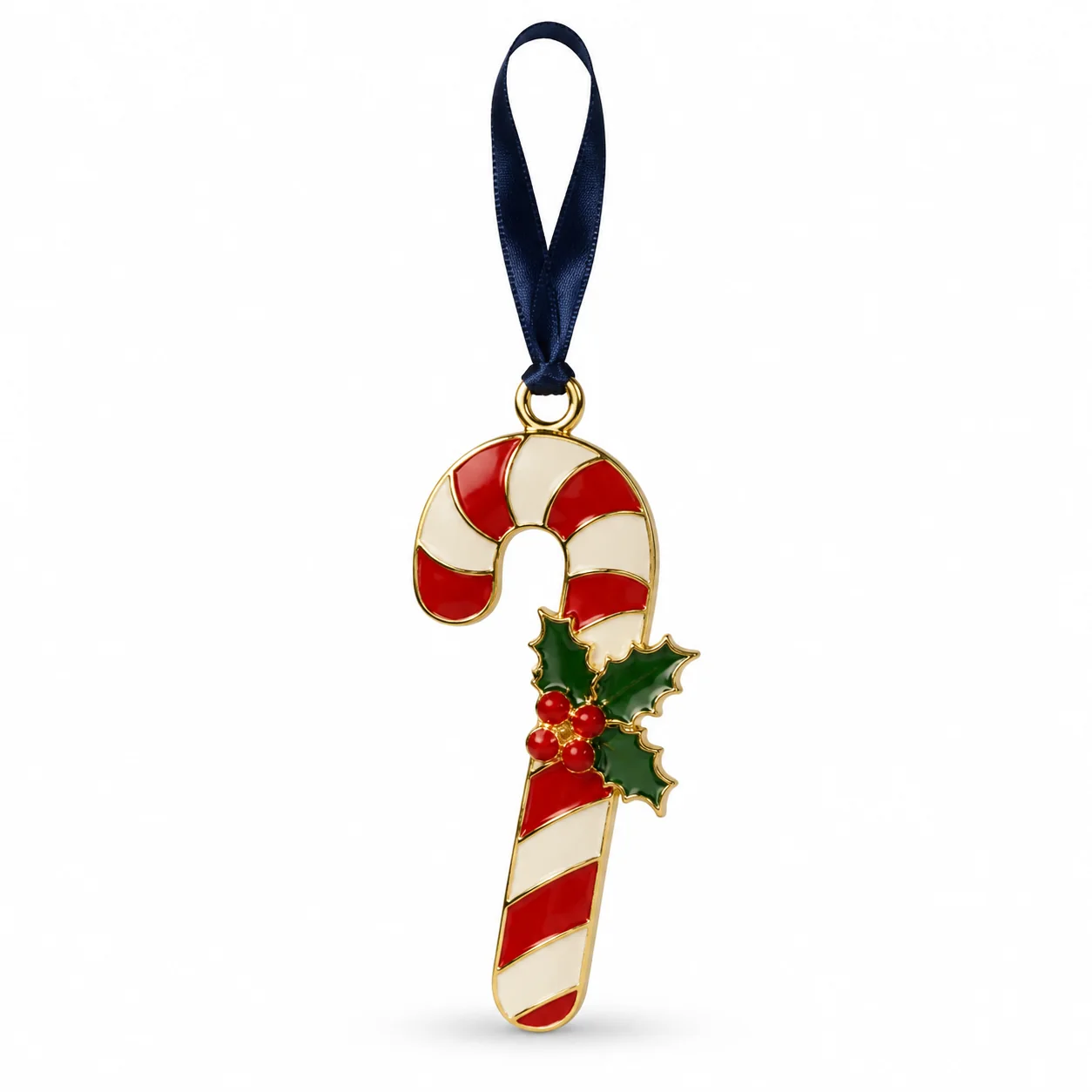 Custom candy cane metal ornament with blue hanging ribbon