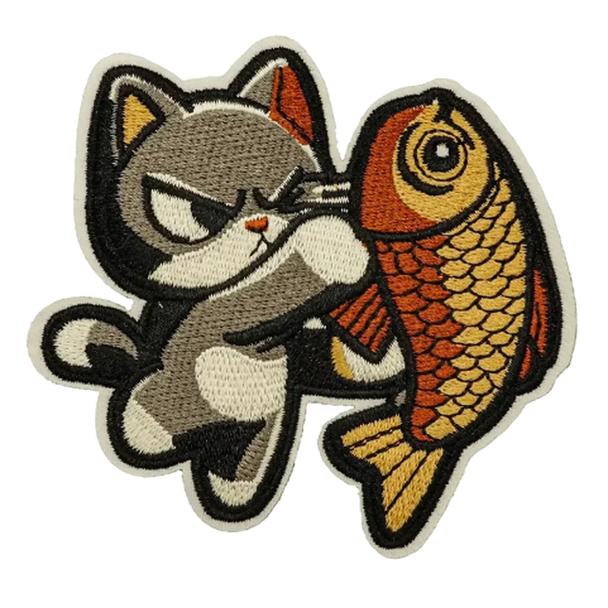 Custom playful cat and fish embroidered patch Shaped embroidered patch showing a playful gray cat hugging an orange fish