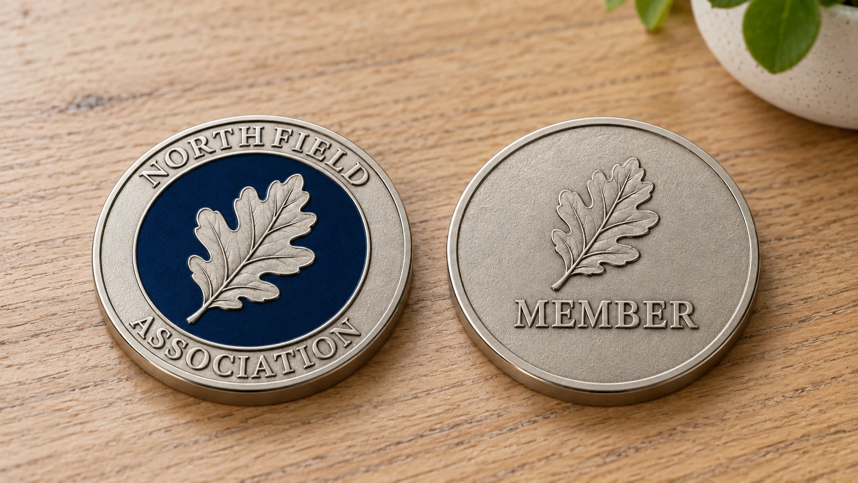 Concept views of a nickel-plated challenge coin with one-color enamel on the front and an uncolored metal reverse