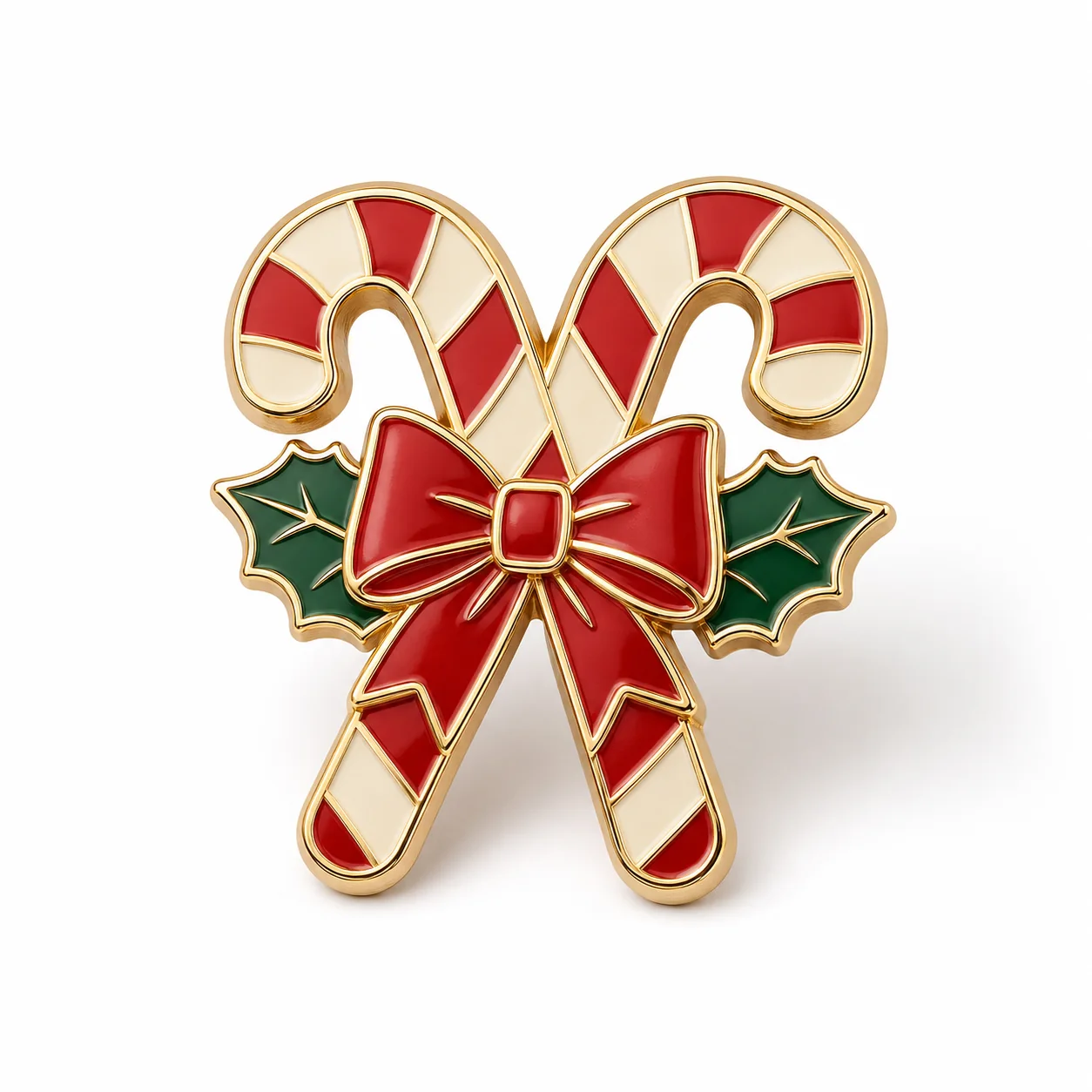 Custom Christmas bow metal lapel pin with candy canes and holly