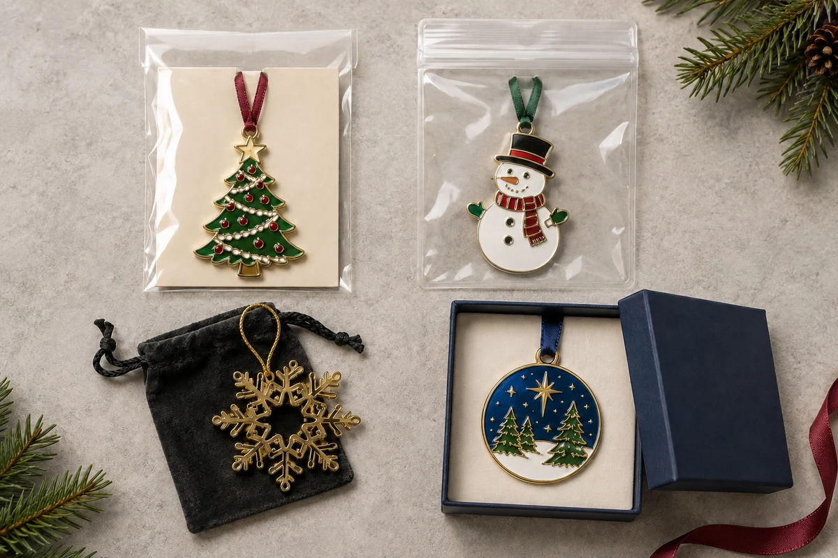 Custom Christmas ornament packaging with backing card pouch and presentation box