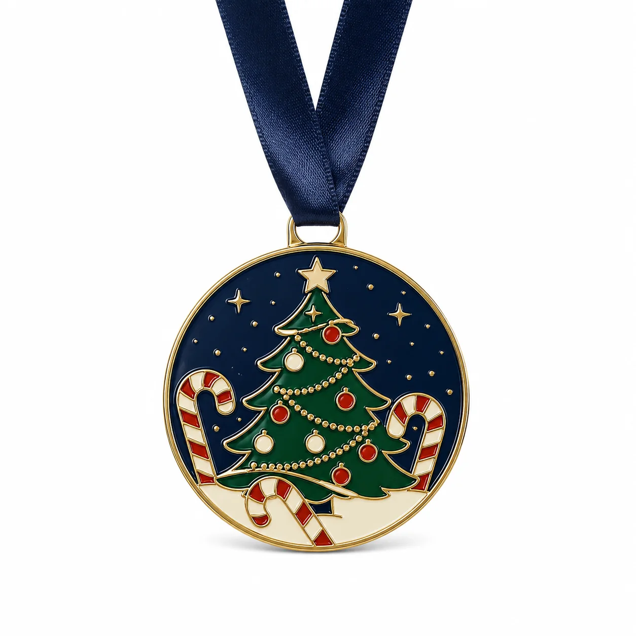 Custom Christmas tree medal with candy cane details and navy ribbon