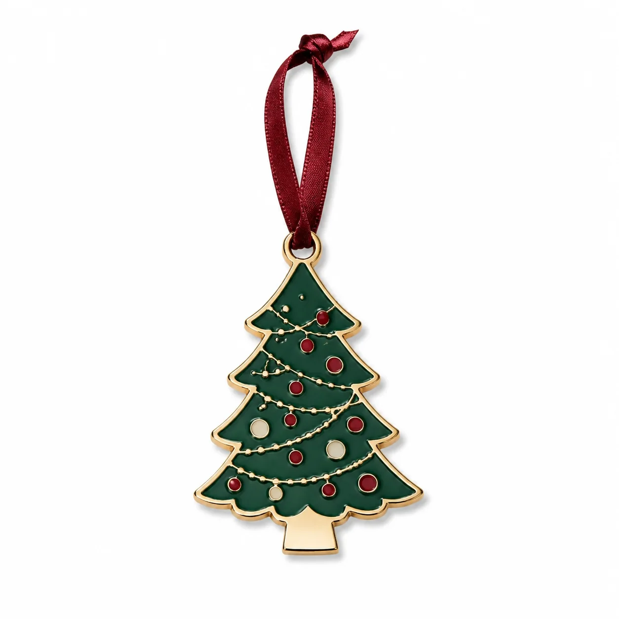 Custom Christmas tree metal ornament with red hanging ribbon