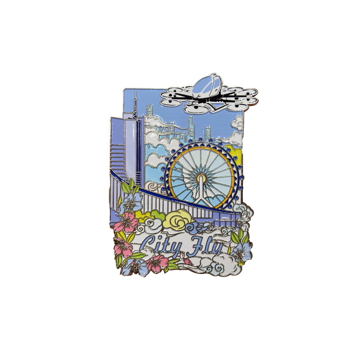 City Fly metal fridge magnet with drone, skyline, ferris wheel, bridge, clouds and flowers