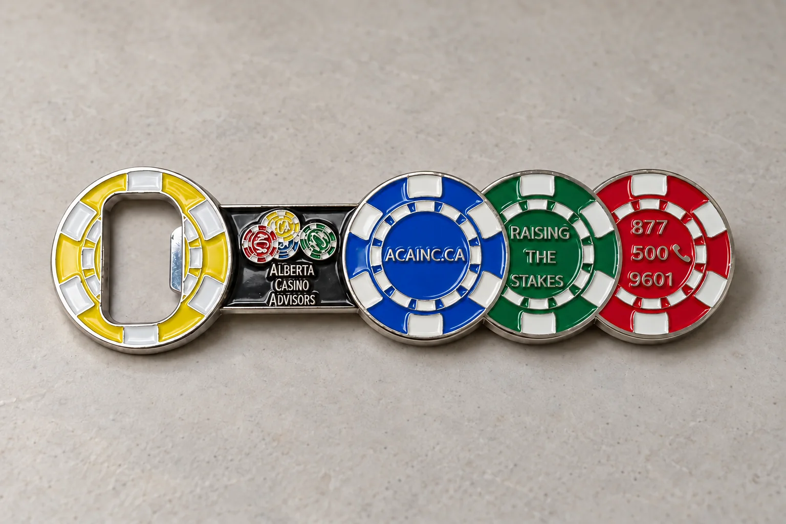 Coin-style metal bottle opener made for a brand event, showing its finished artwork and opening