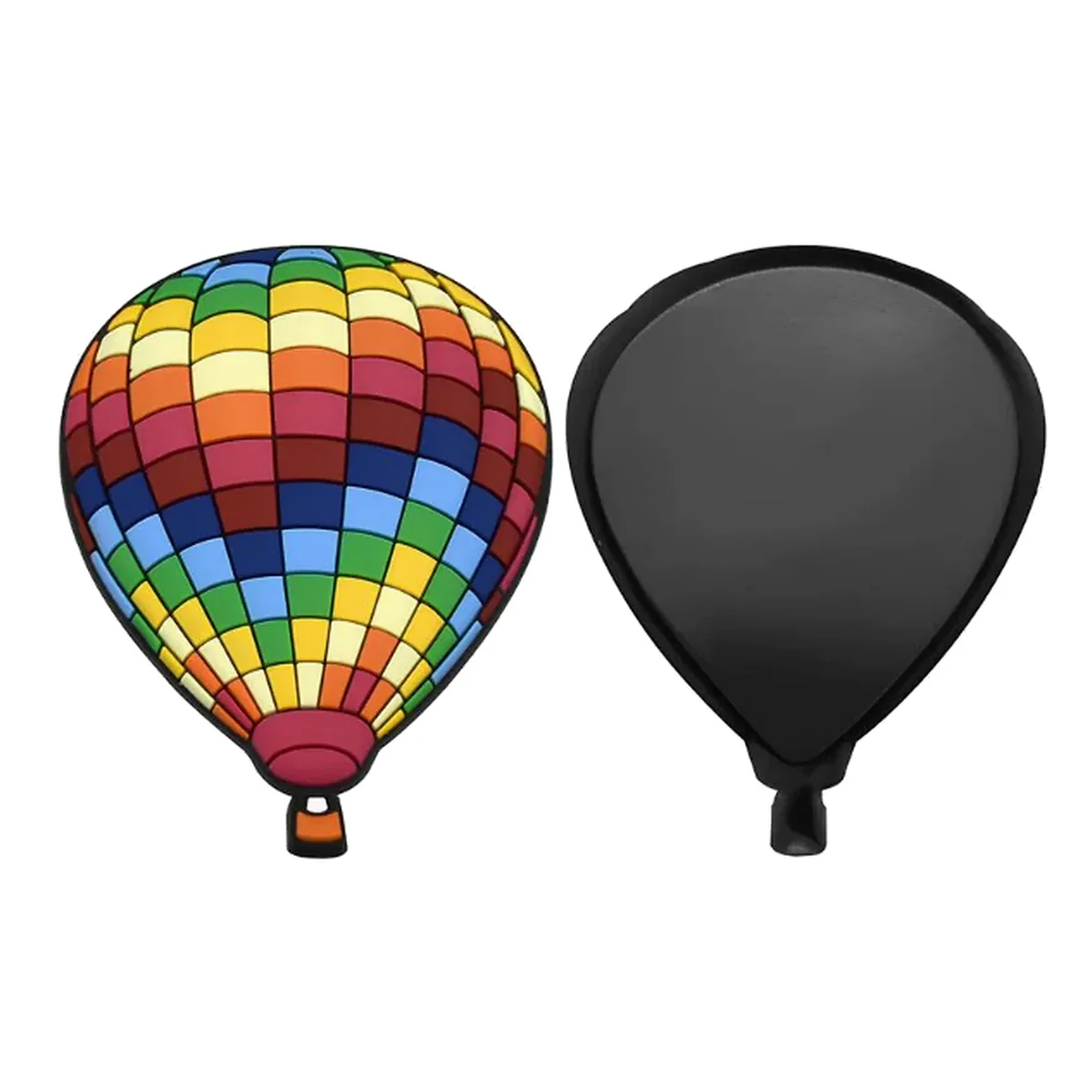 Colorful checker-pattern hot air balloon fridge magnet shown from the front and back