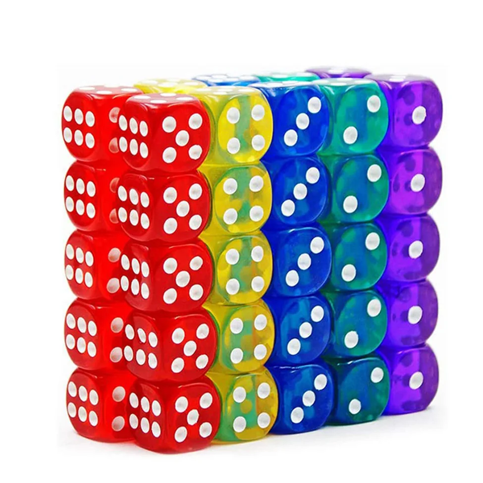 Stacked translucent red, yellow, blue, green and purple six-sided dice with white pips