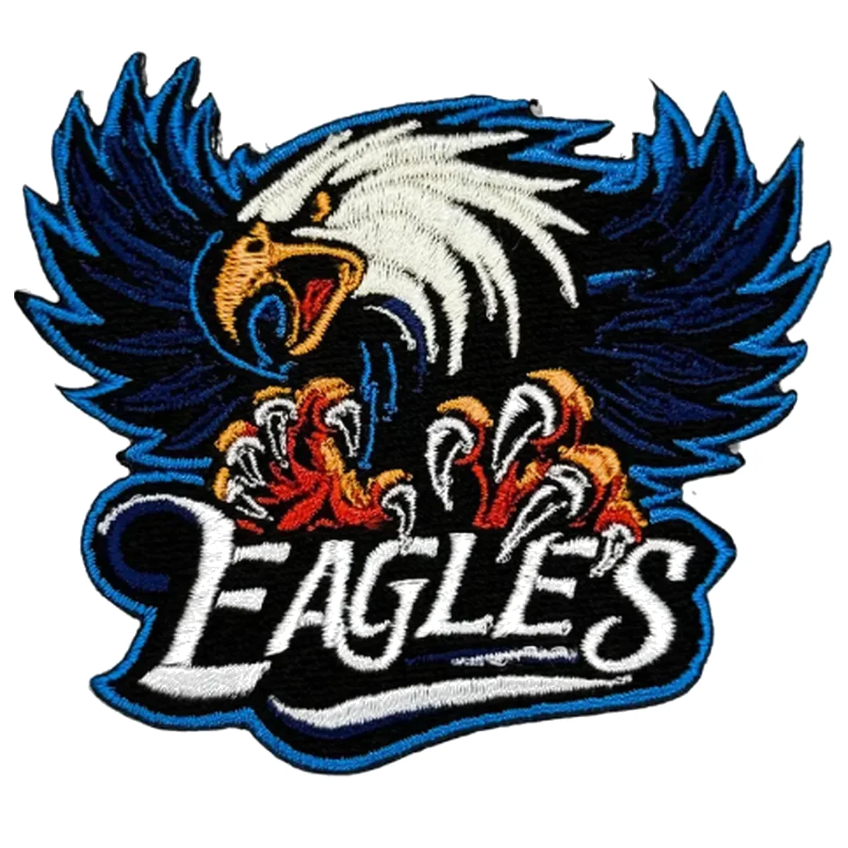 Custom blue Eagles mascot embroidered patch Blue black and white embroidered patch with flying eagle mascot and EAGLES lettering