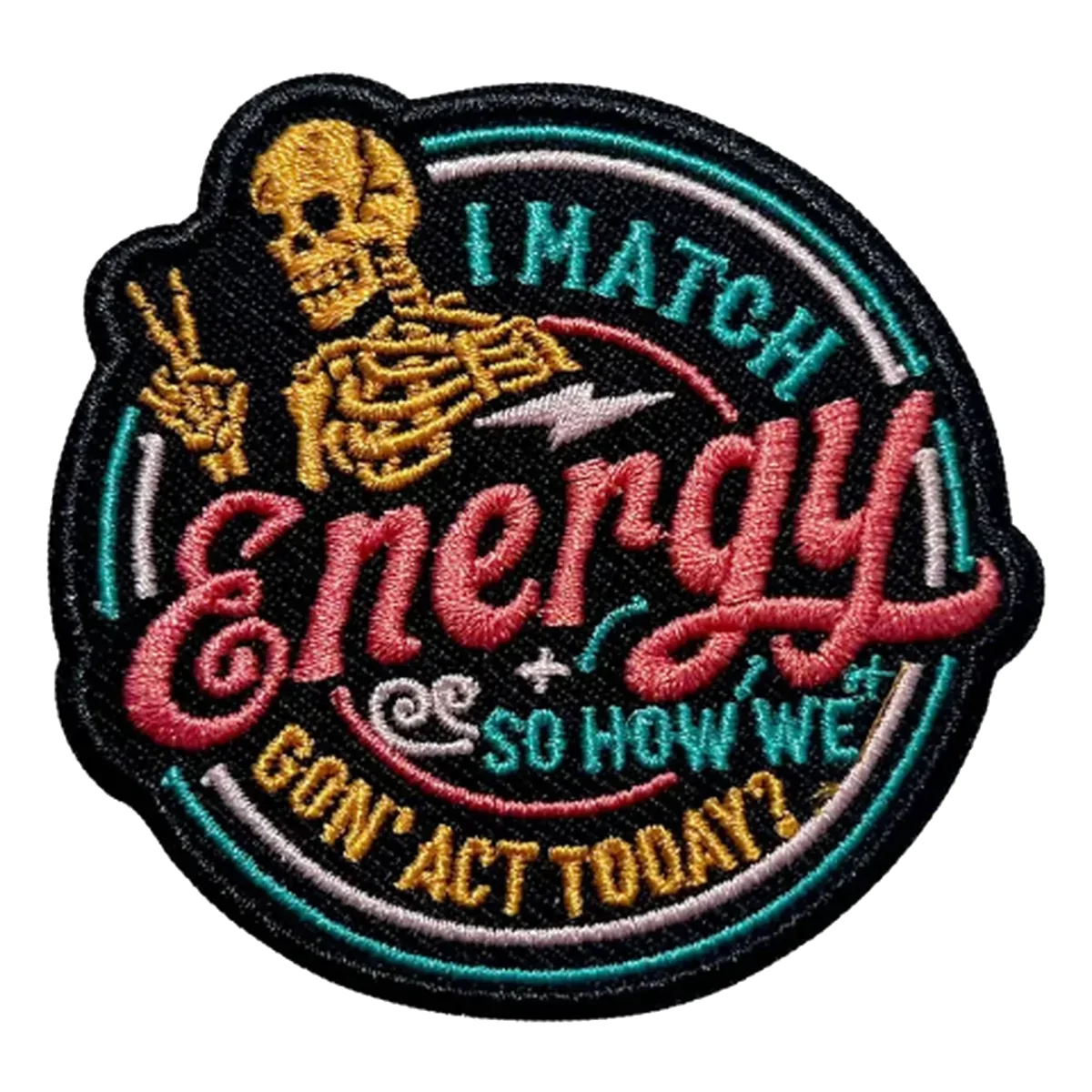 Custom energy skeleton embroidered patch with colorful lettering Round black embroidered patch with gold skeleton and pink Energy lettering