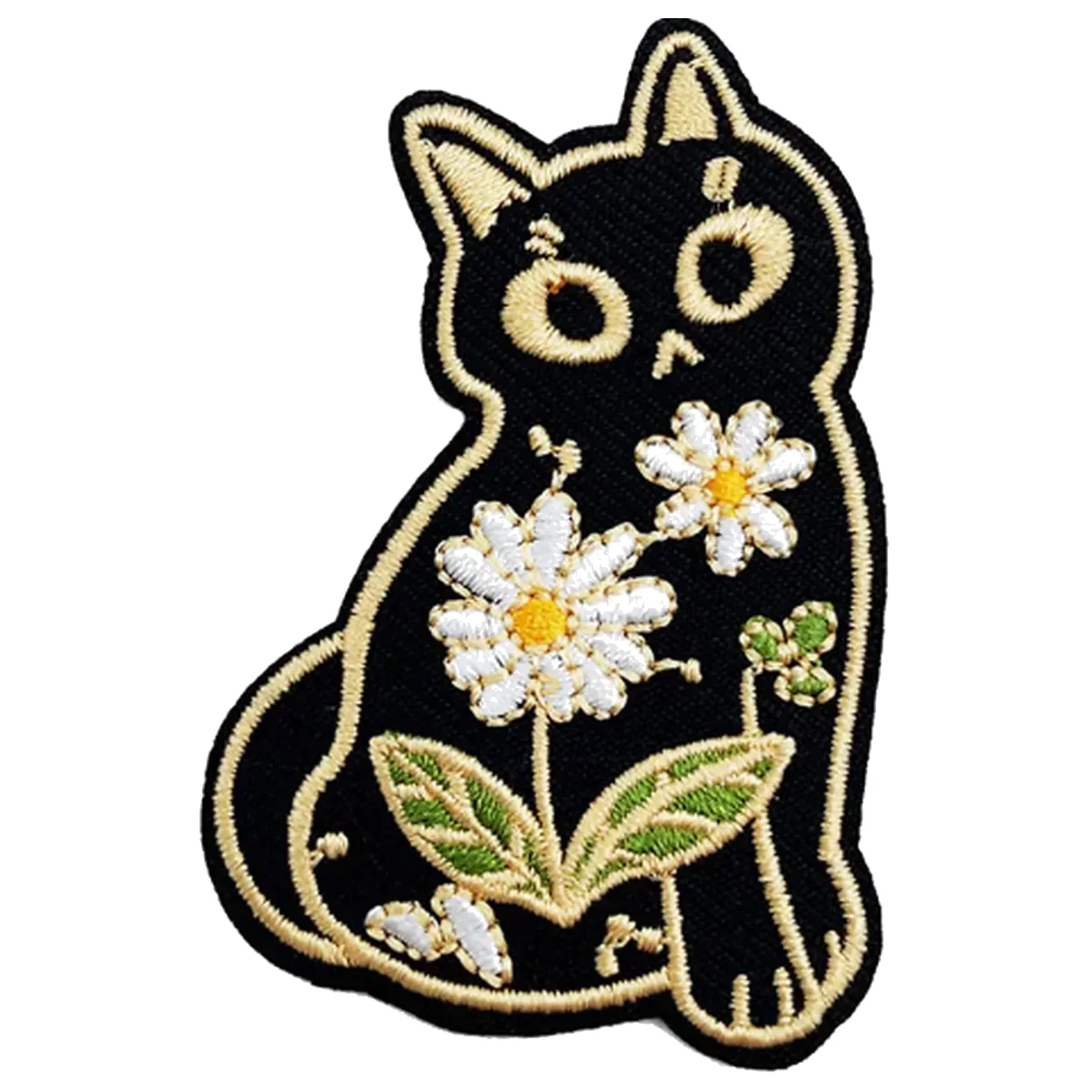 Shaped black cat embroidered patch decorated with white daisies and green leaves