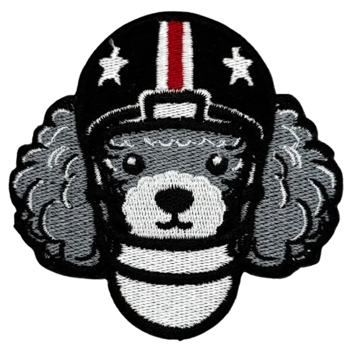 Custom football poodle mascot embroidered patch Black gray and white embroidered patch showing a poodle mascot wearing a football helmet