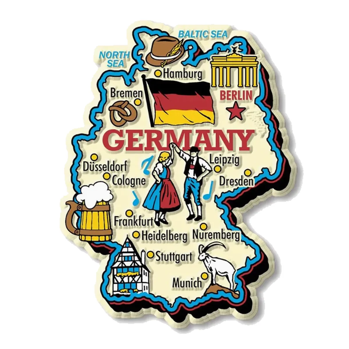 Germany map fridge magnet with flag, cities, landmarks, beer, dancers and regional icons