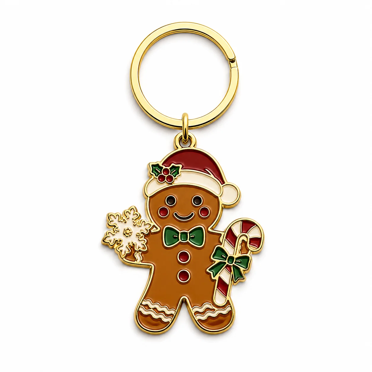 Custom gingerbread man Christmas metal keychain with candy cane
