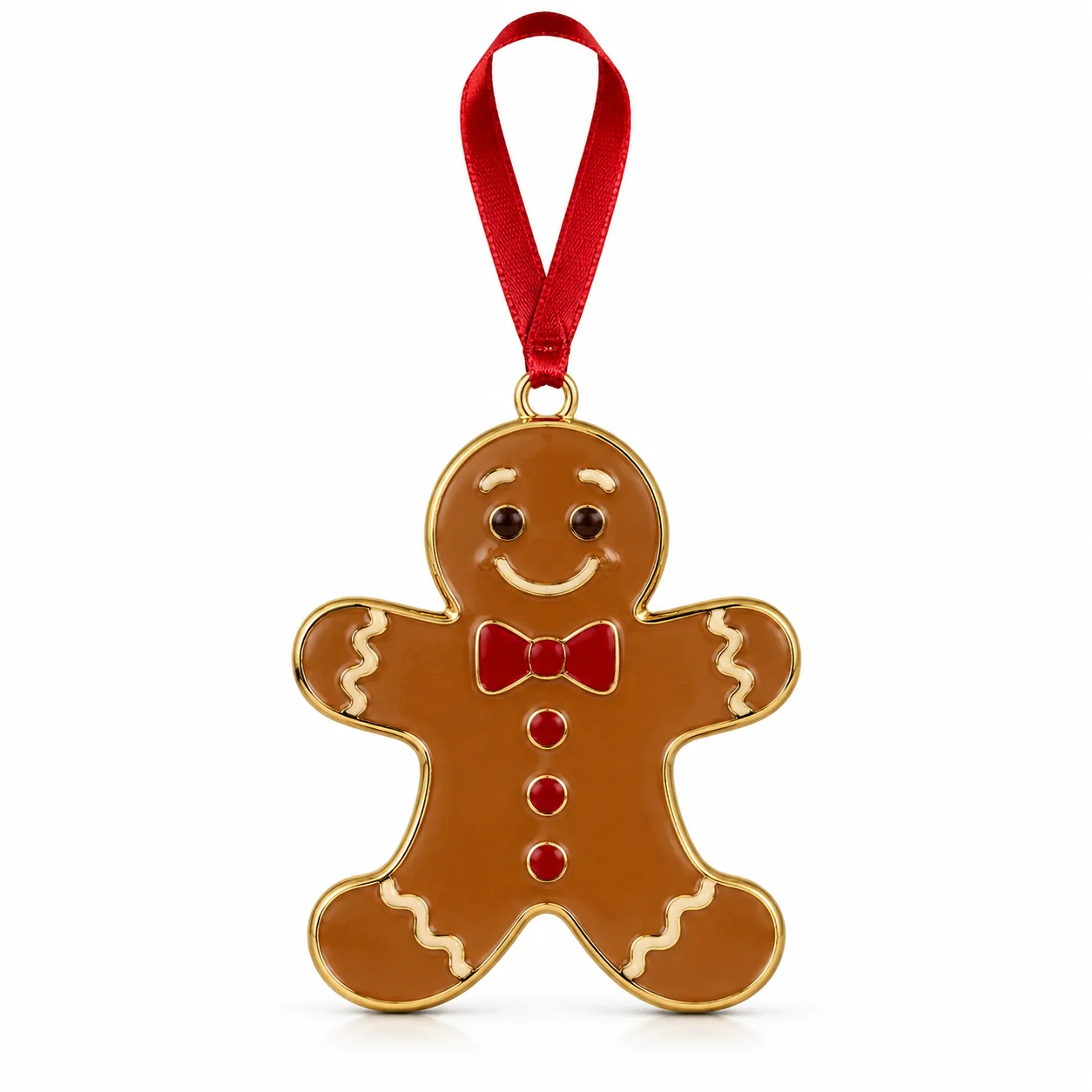 Custom gingerbread man metal ornament with red hanging ribbon