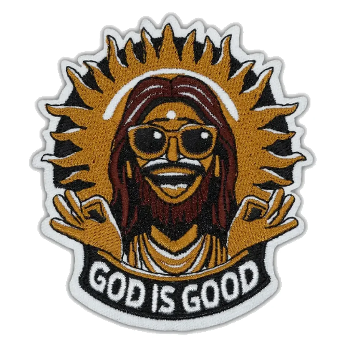 Custom God Is Good embroidered character patch Shaped embroidered patch with smiling bearded character sunburst and God Is Good text