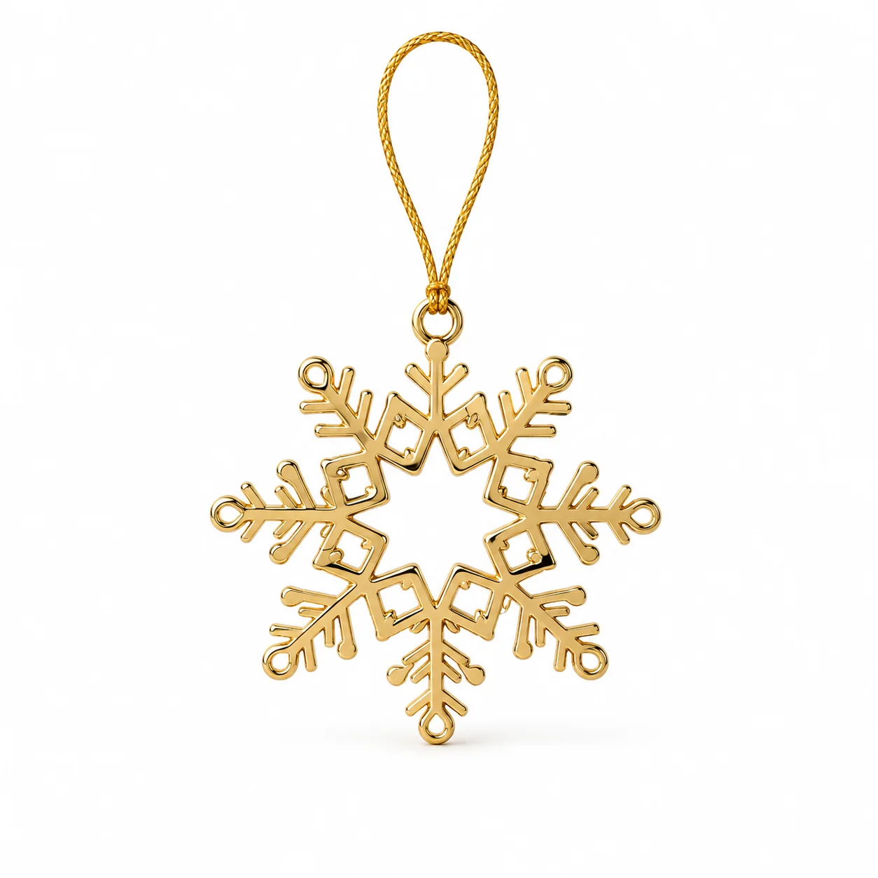 Custom gold snowflake metal ornament with hanging cord