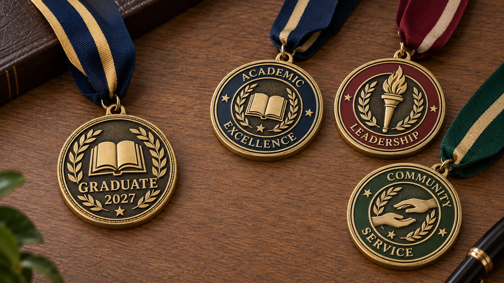 Four custom graduation medal concepts showing one shared graduate medal and three distinct school honor awards