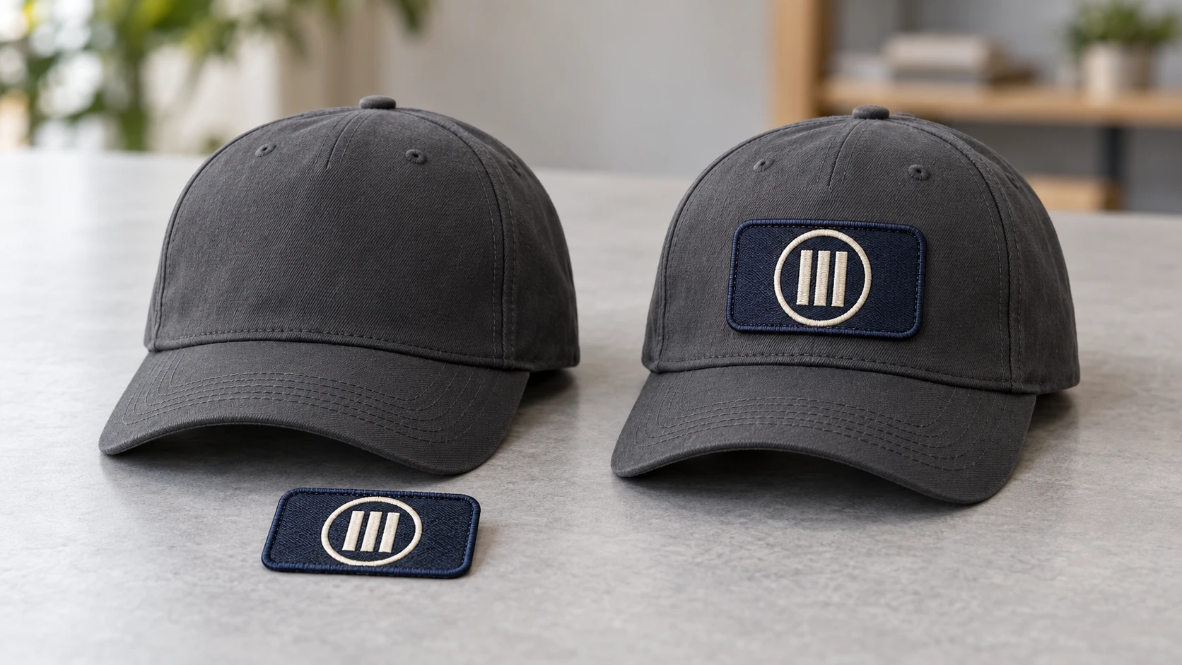 Loose embroidered patch beside a blank cap and a matching cap with the patch attached