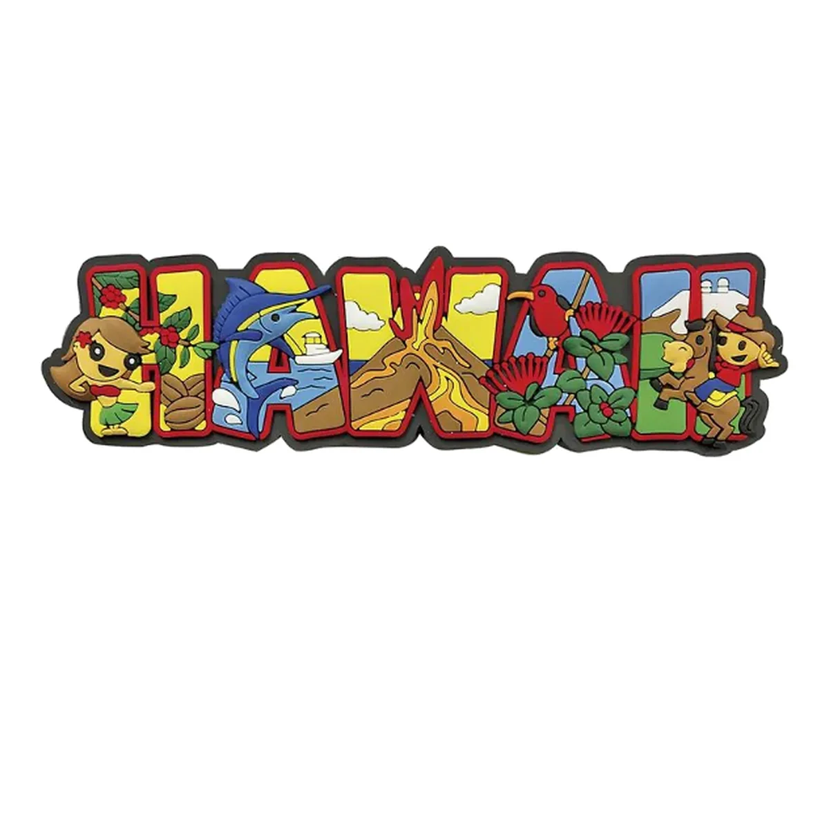 Colorful HAWAII letter fridge magnet with hula dancer, marlin, volcano, flowers and cowboy