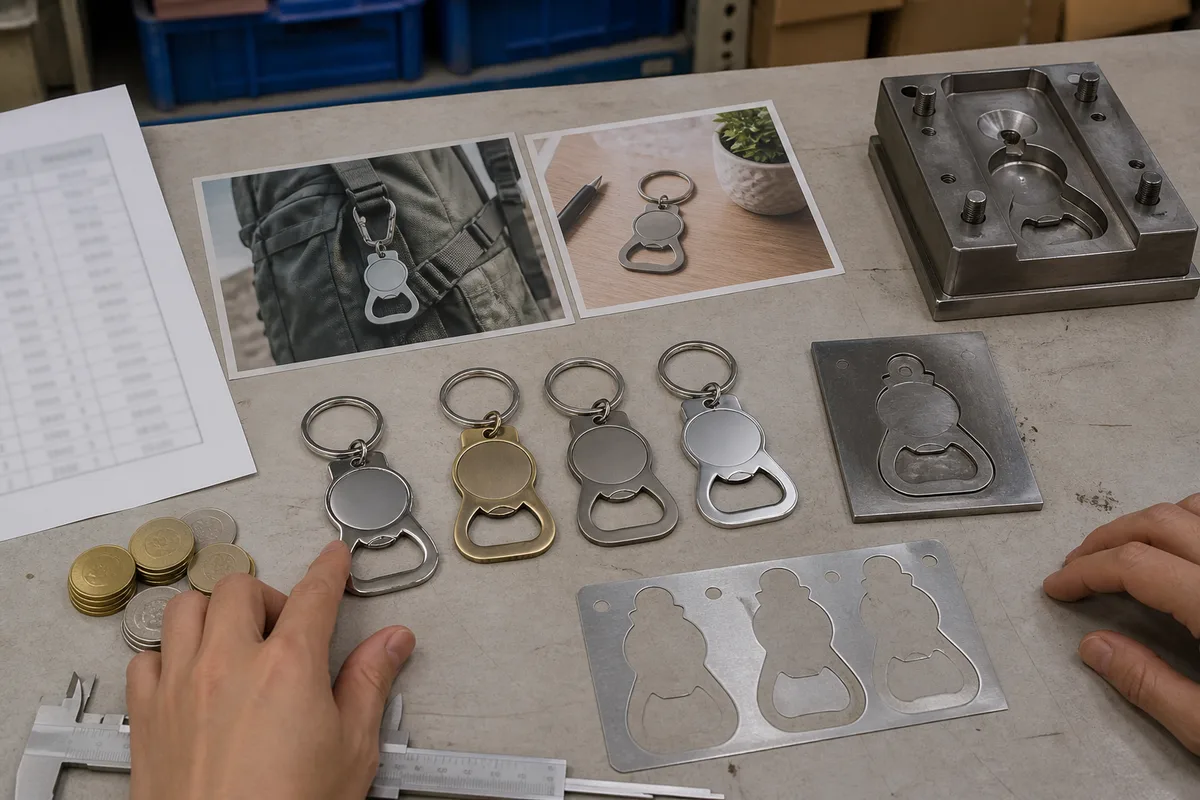 Custom metal keychain samples, mold, artwork and stamped sheet on a review table