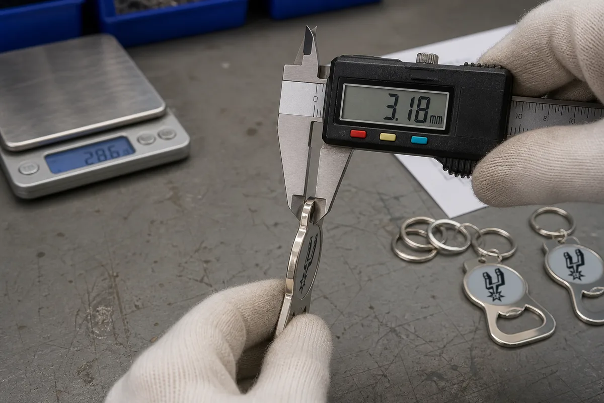 Digital caliper measuring custom metal keychain thickness beside a precision scale and samples