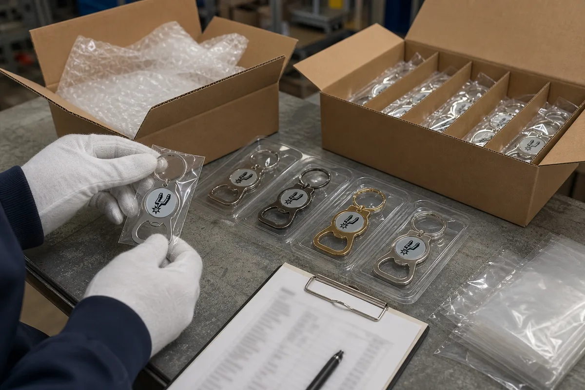 Shipment inspection and protective packaging for bulk custom metal keychains