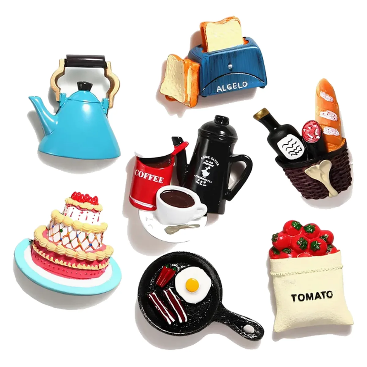 Custom miniature kitchen food and drink fridge magnet set Mini kitchen magnet set with kettle, toaster, coffee, bread, cake, breakfast pan and tomato bag