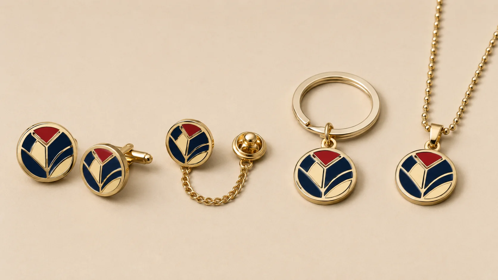 Custom metal designs adapted as cuff links key rings tie tacks and ball chain items
