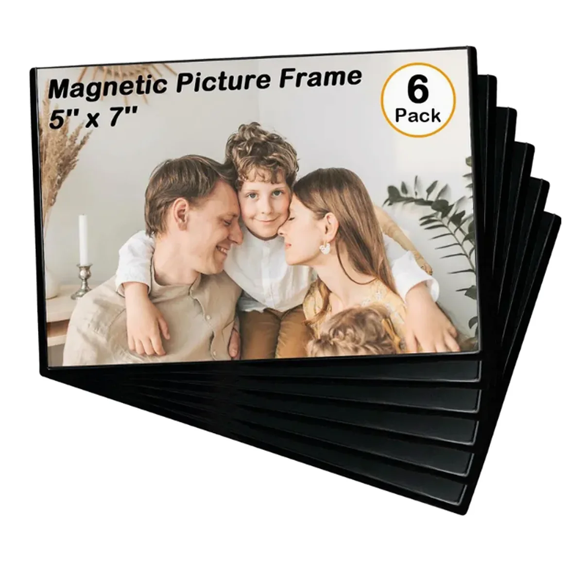 Custom 5 by 7 magnetic picture frame set Stack of black magnetic picture frames displaying a family photo in a 5 by 7 format