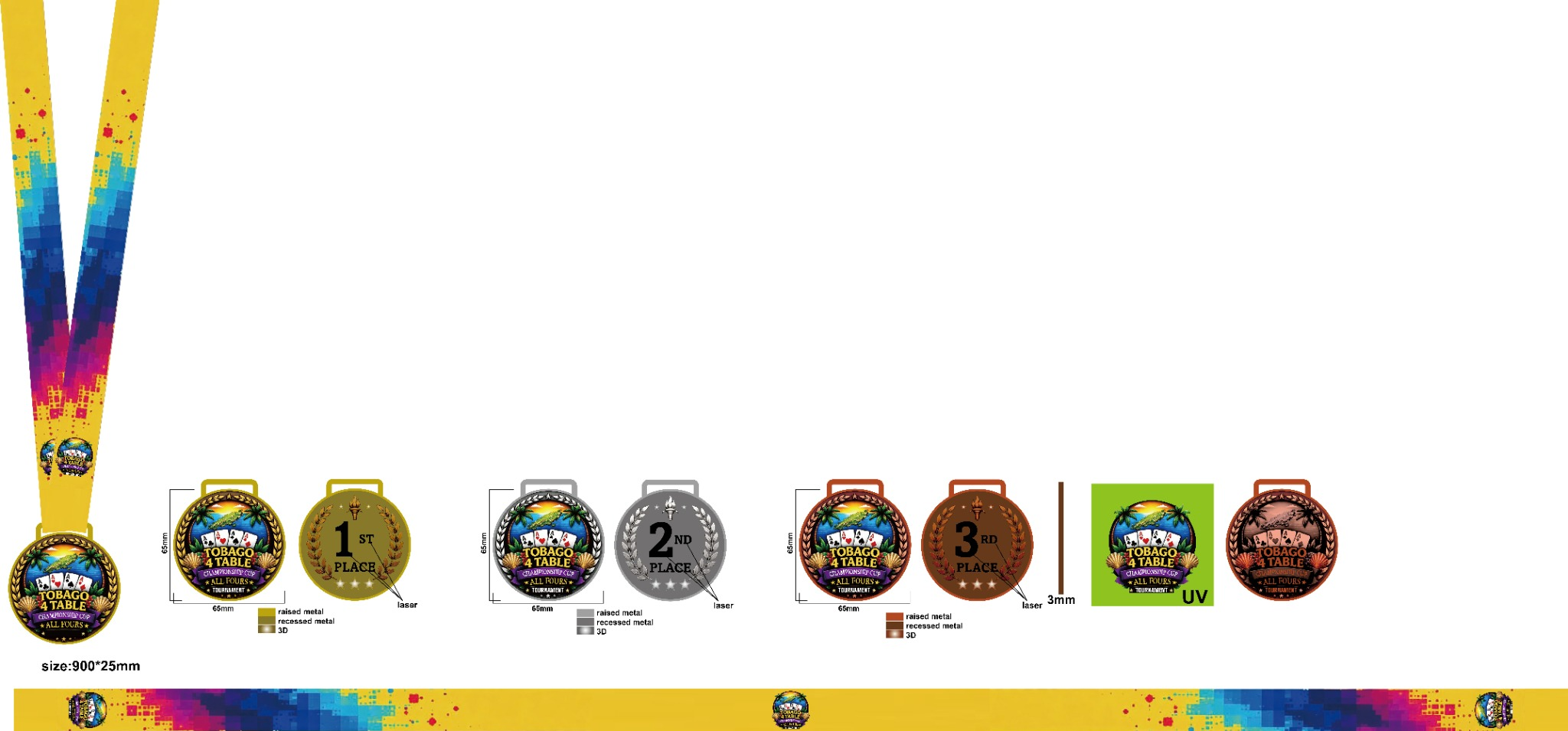 Approved medal artwork showing front and back designs, 65 mm dimensions, 3 mm thickness, and ribbon specifications