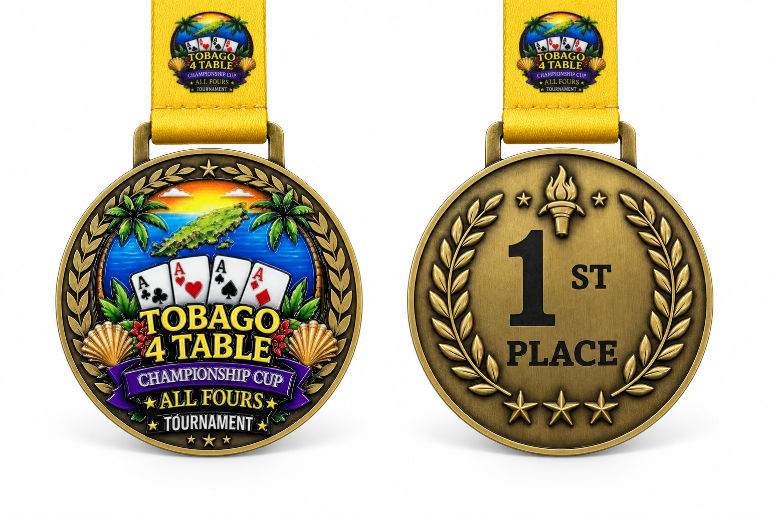 Front and back of a first-place tournament medal with a yellow ribbon