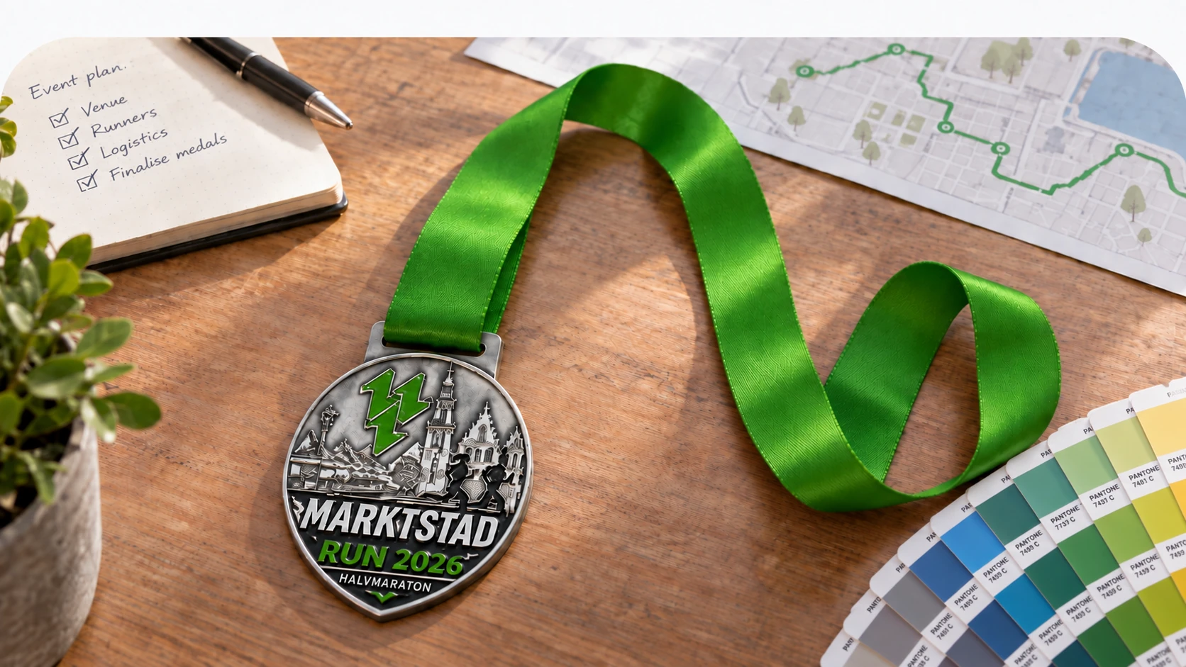Custom metal medal displayed with its neck ribbon
