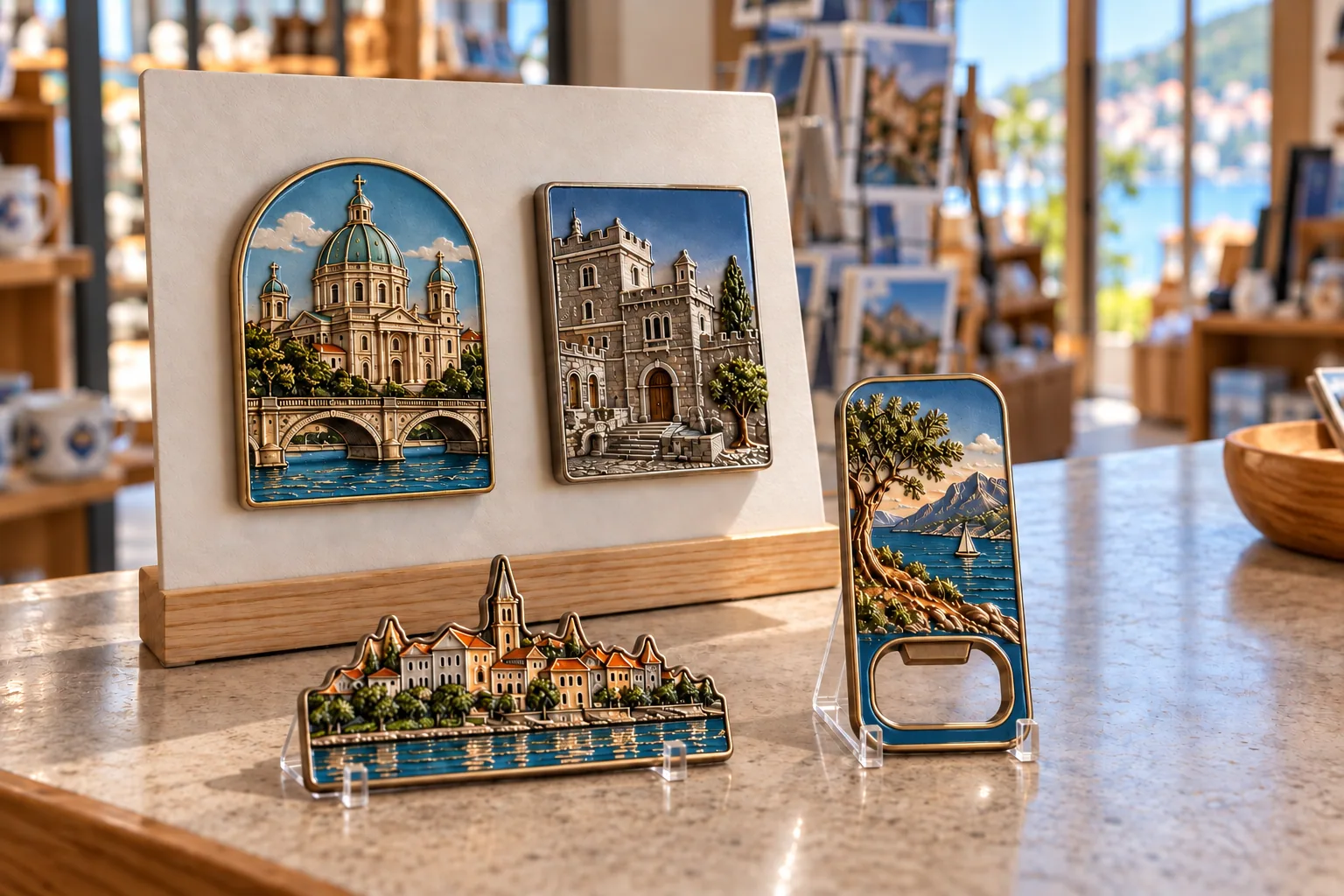 Metal landmark souvenir fridge magnets arranged for retail display