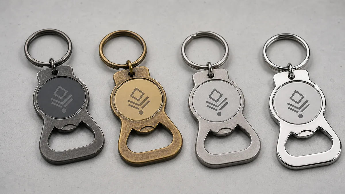 Custom metal keychain materials compared in zinc alloy, brass, stainless steel and iron finishes