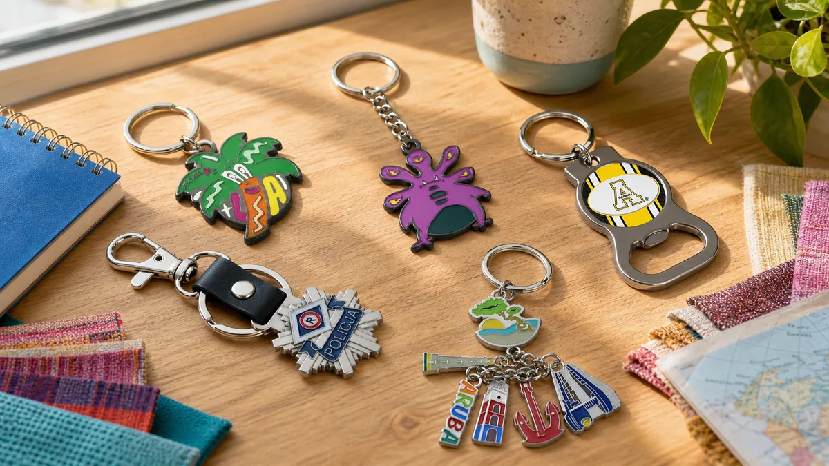 Custom metal keychains in different sizes with split ring chain and swivel hook attachments