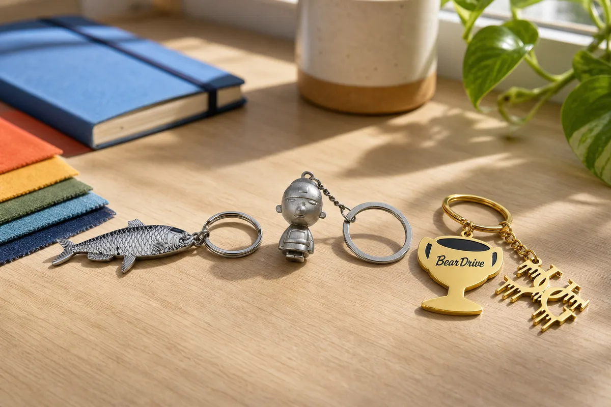 Side view comparison of flat enamel die-cast and 3D metal keychain thickness