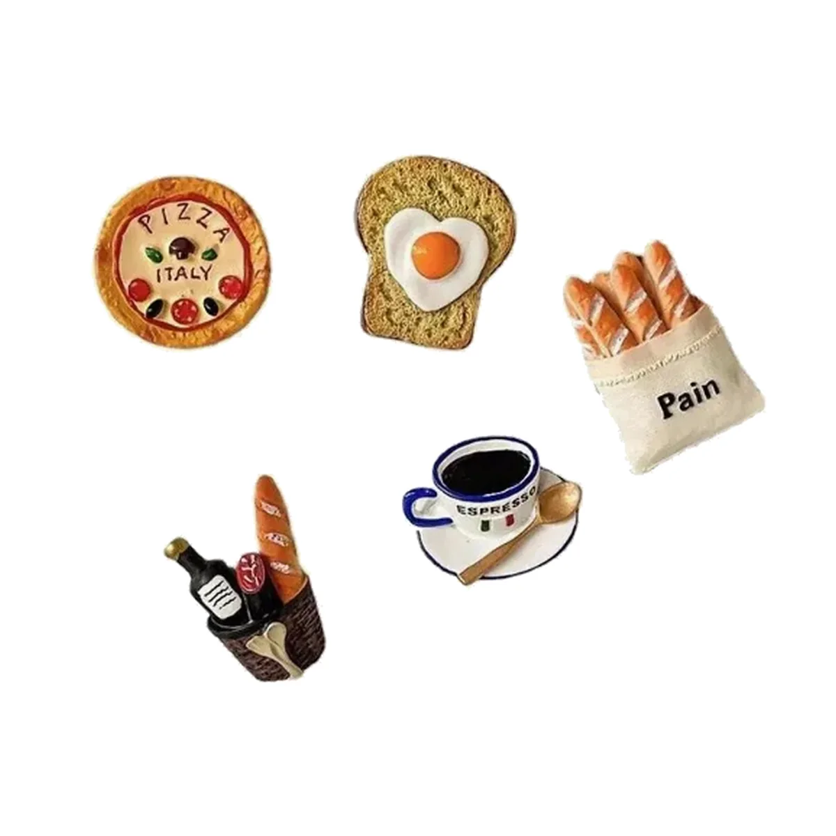 Mini food fridge magnet set with pizza, egg toast, baguettes, espresso and wine basket
