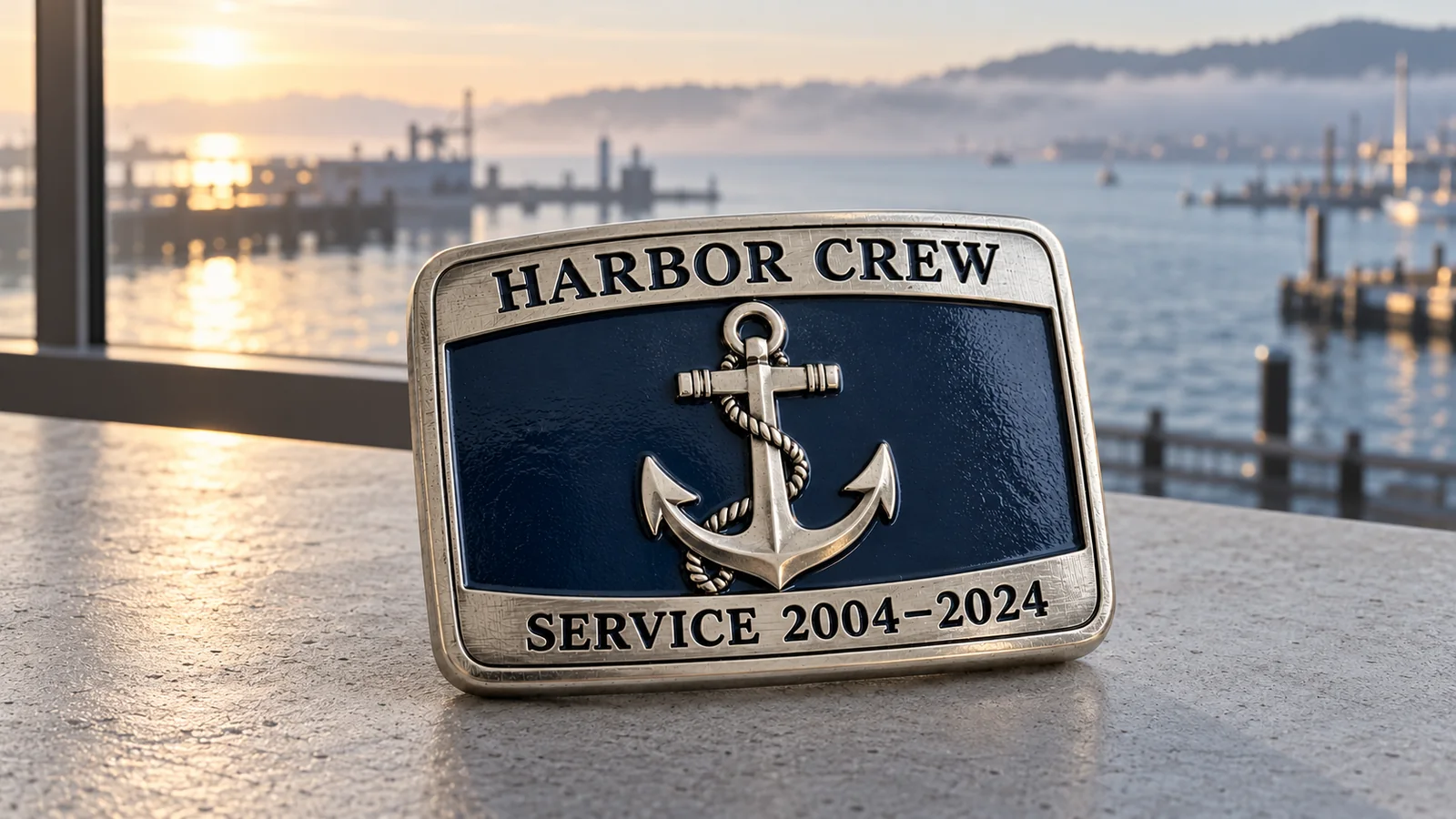 Front view of a Navy-themed commemorative belt buckle on a tabletop