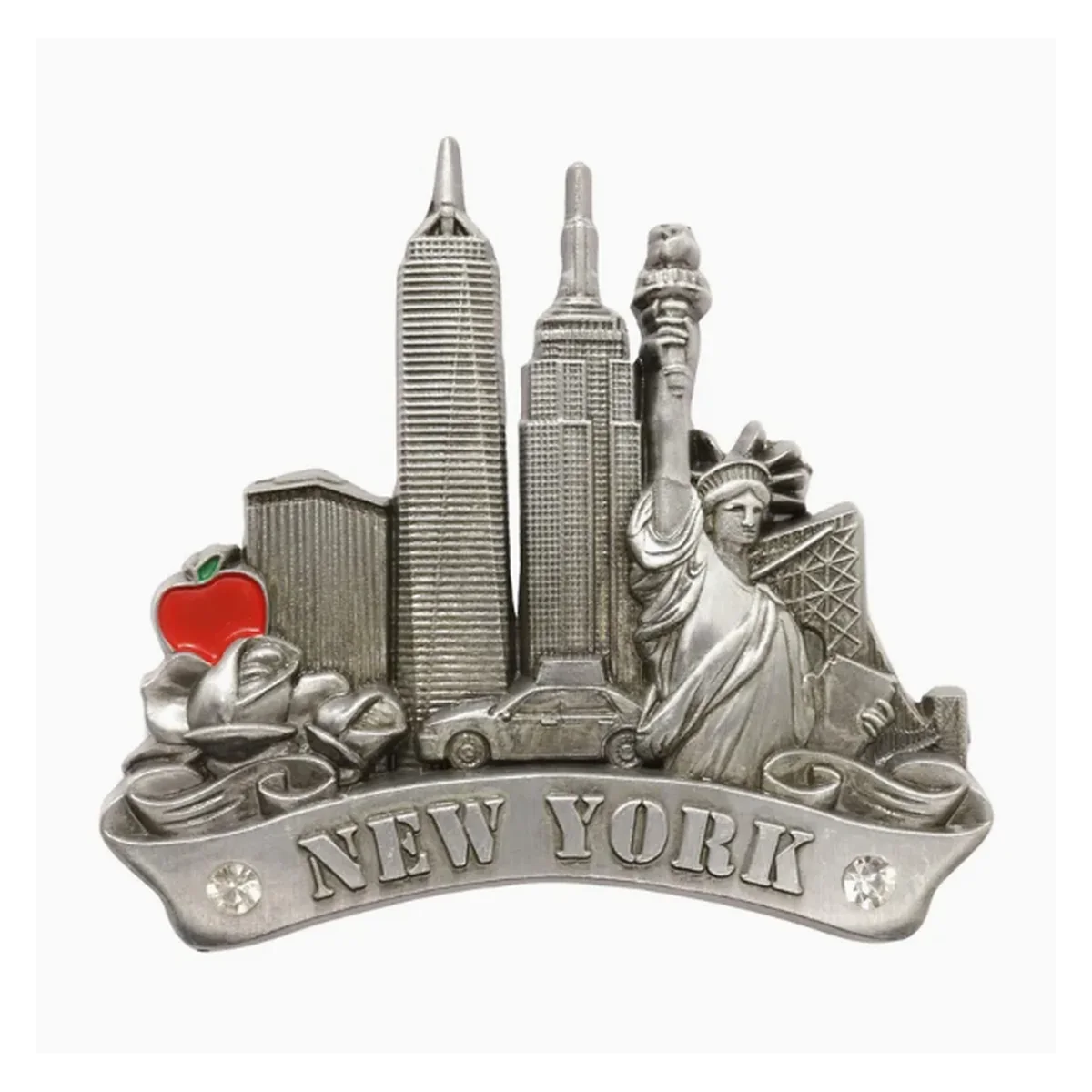Custom New York skyline antique silver fridge magnet Antique silver New York fridge magnet with skyline, Statue of Liberty, taxi, apple and banner
