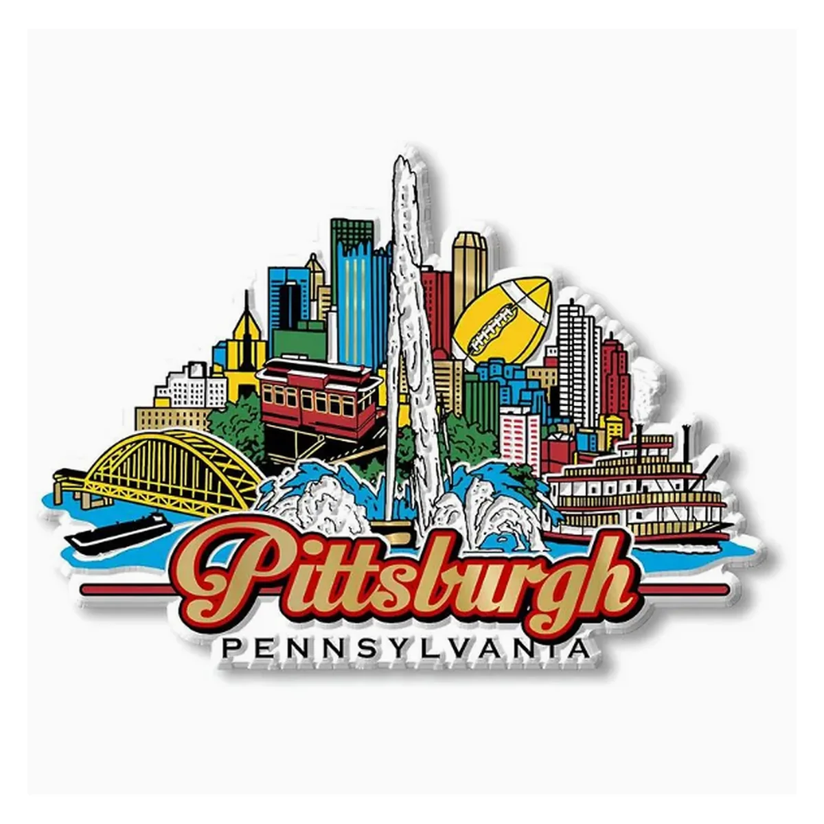 Pittsburgh Pennsylvania skyline souvenir fridge magnet with bridge, football and riverboat