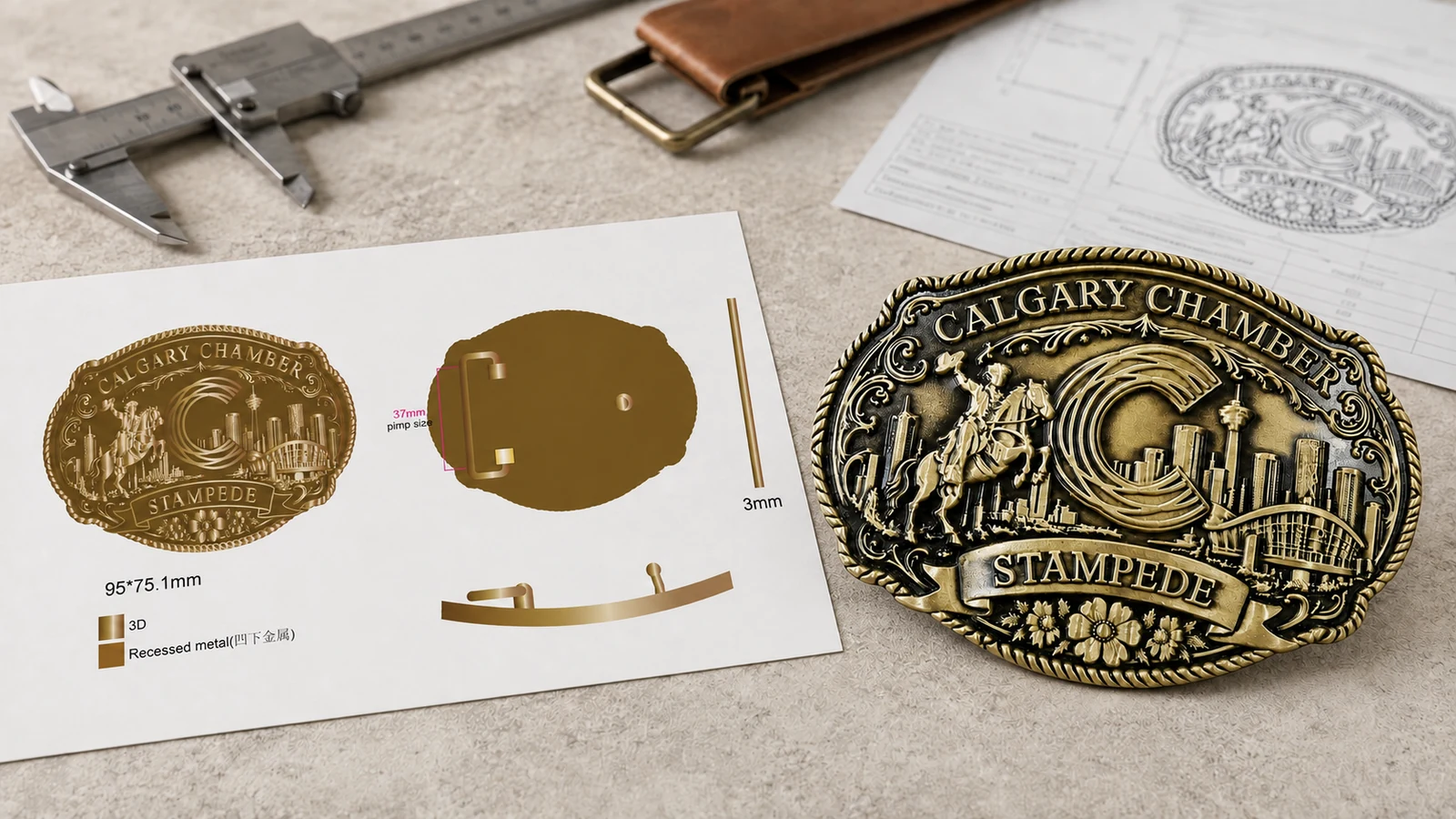 Digital proof, back attachment and finished zinc alloy plate belt buckle