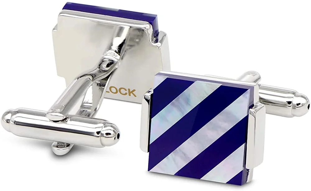 Square silver-tone cufflinks with diagonal purple and iridescent white stripes on a white background
