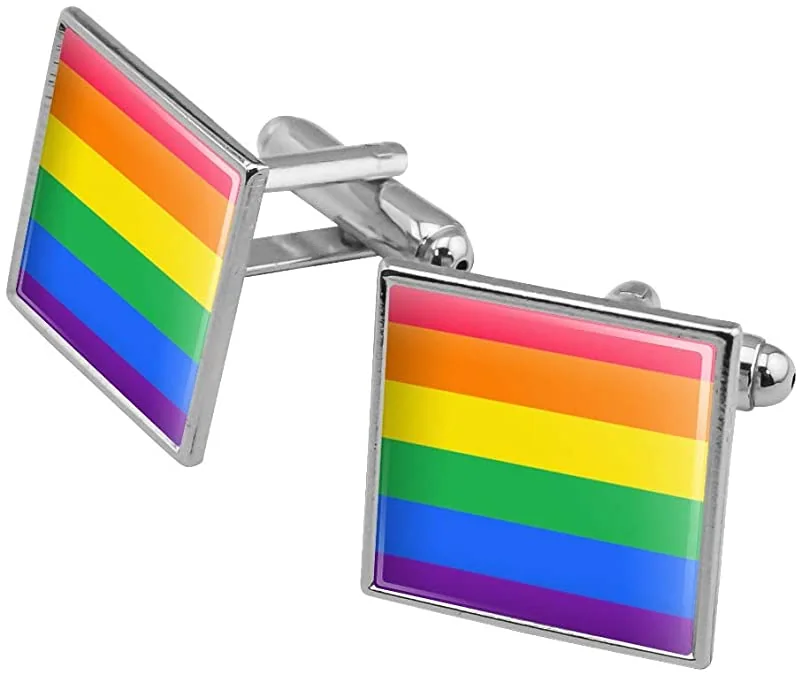Square silver-tone cufflinks with bright horizontal rainbow stripes on a white background