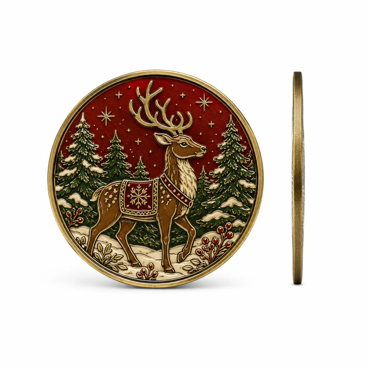 Custom reindeer Christmas challenge coin with gold edge detail