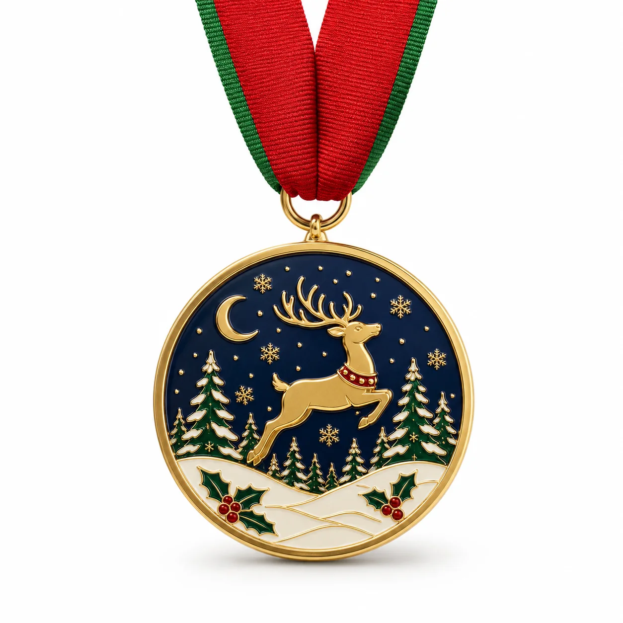 Custom reindeer Christmas medal with red and green ribbon