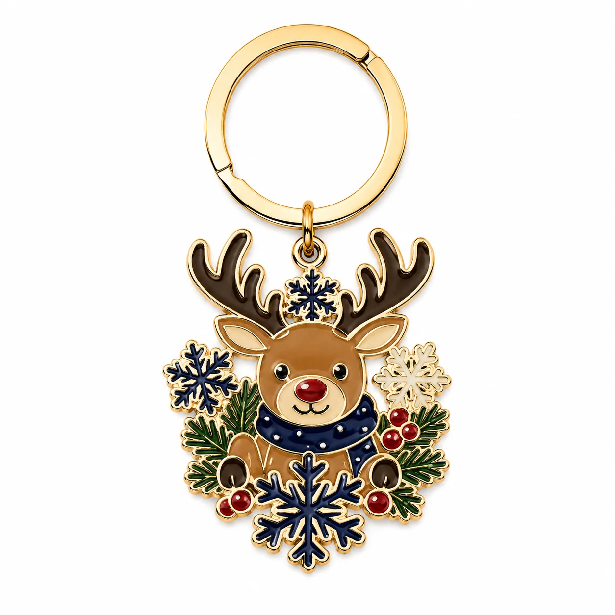 Custom reindeer snowflake metal keychain with gold key ring