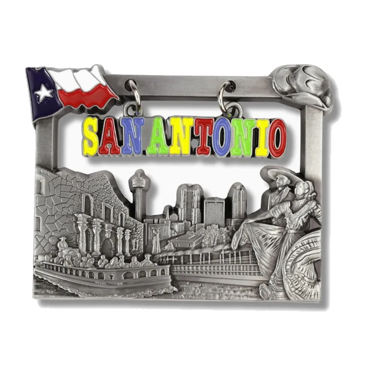 Antique silver San Antonio magnet with Texas flag, landmarks, skyline and dancers